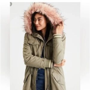 American Eagle green Utility Jacket Pink Fur Hood Parka Sherpa Y2K 00s‎ coat